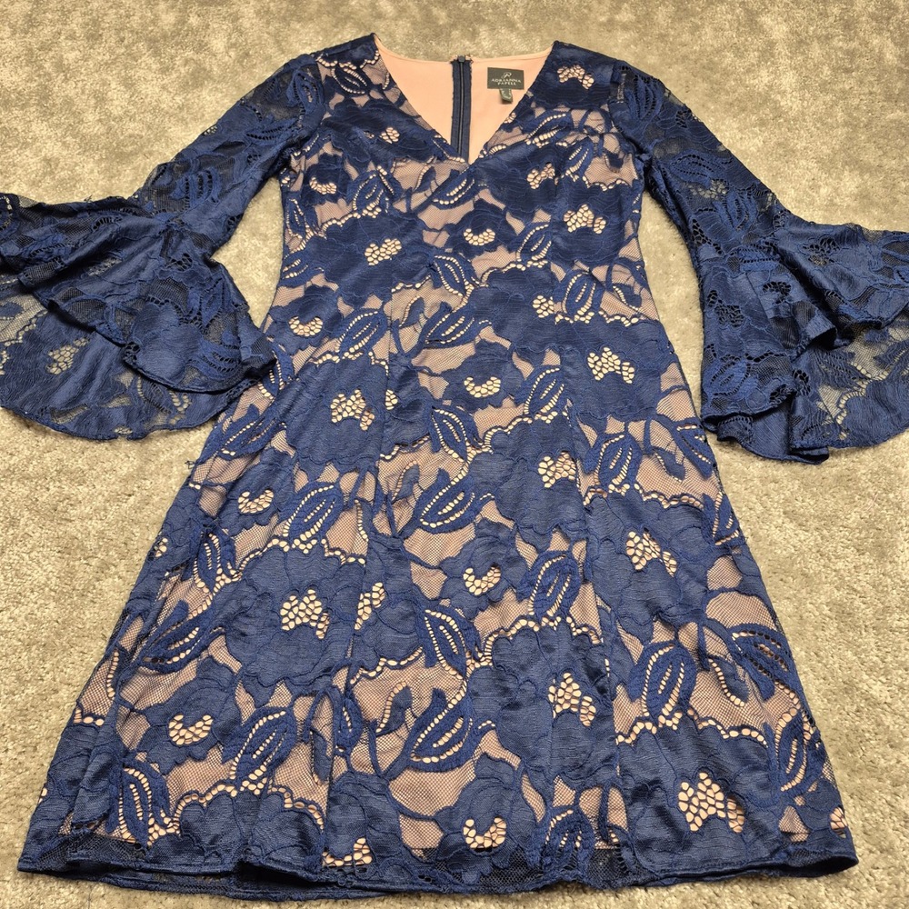 Adrianna Papell Dress Sz 4 Navy Blue Floral Lace Bell Sleeve Cocktail Whimsgoth